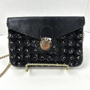 Vintage Black Leather And Sequins Crossbody/Shoulder Purse Gold Tone Hardware
